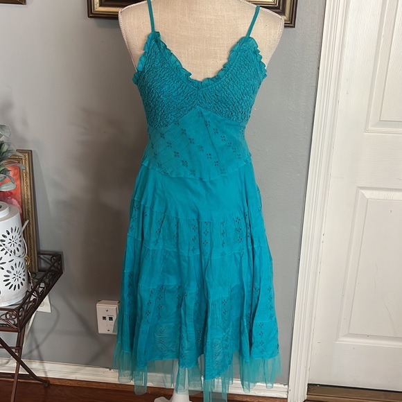 Turquoise Tiered Mini Dress by Connected with Adjustable Straps / Size PM - Picture 2 of 8